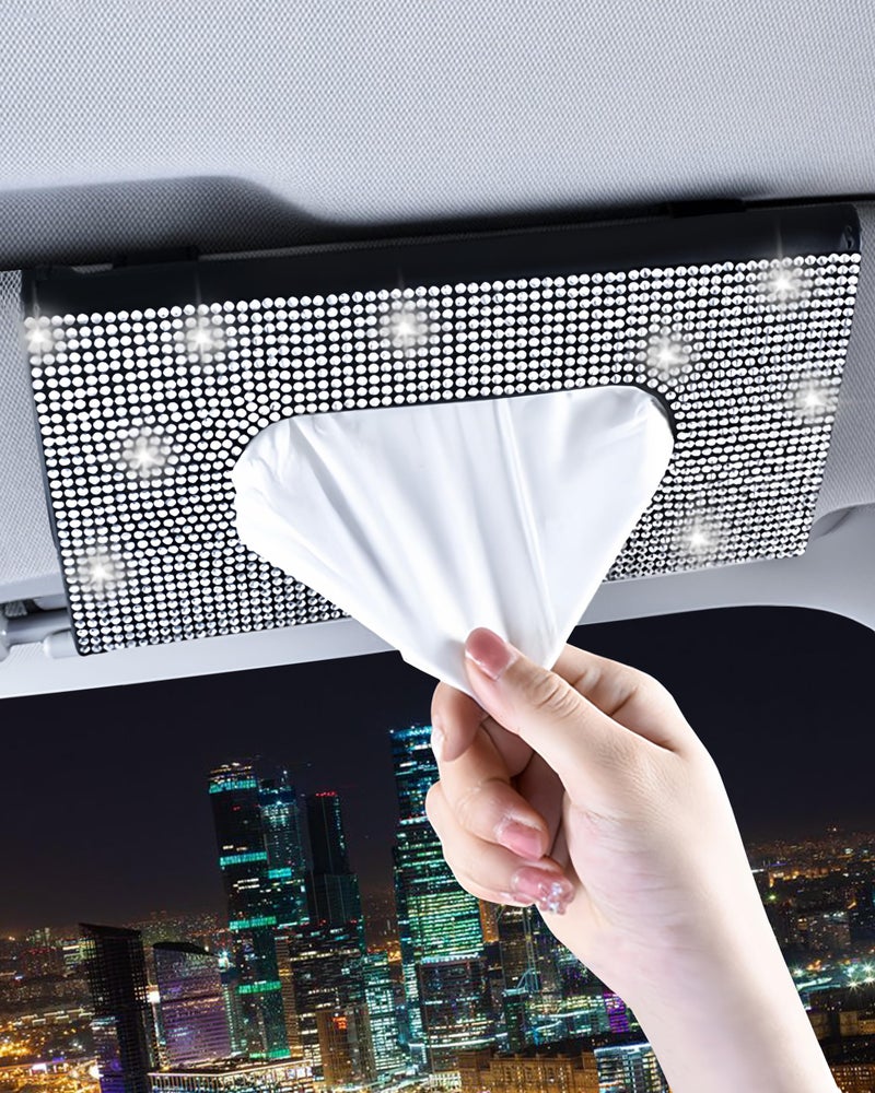 Xuduvay Bling Car Sun Visor Tissue Box Holder PU Leather with Bling Crystal Rhinestones Tissue Holder Car Accessories for Women (Black) - Image 1